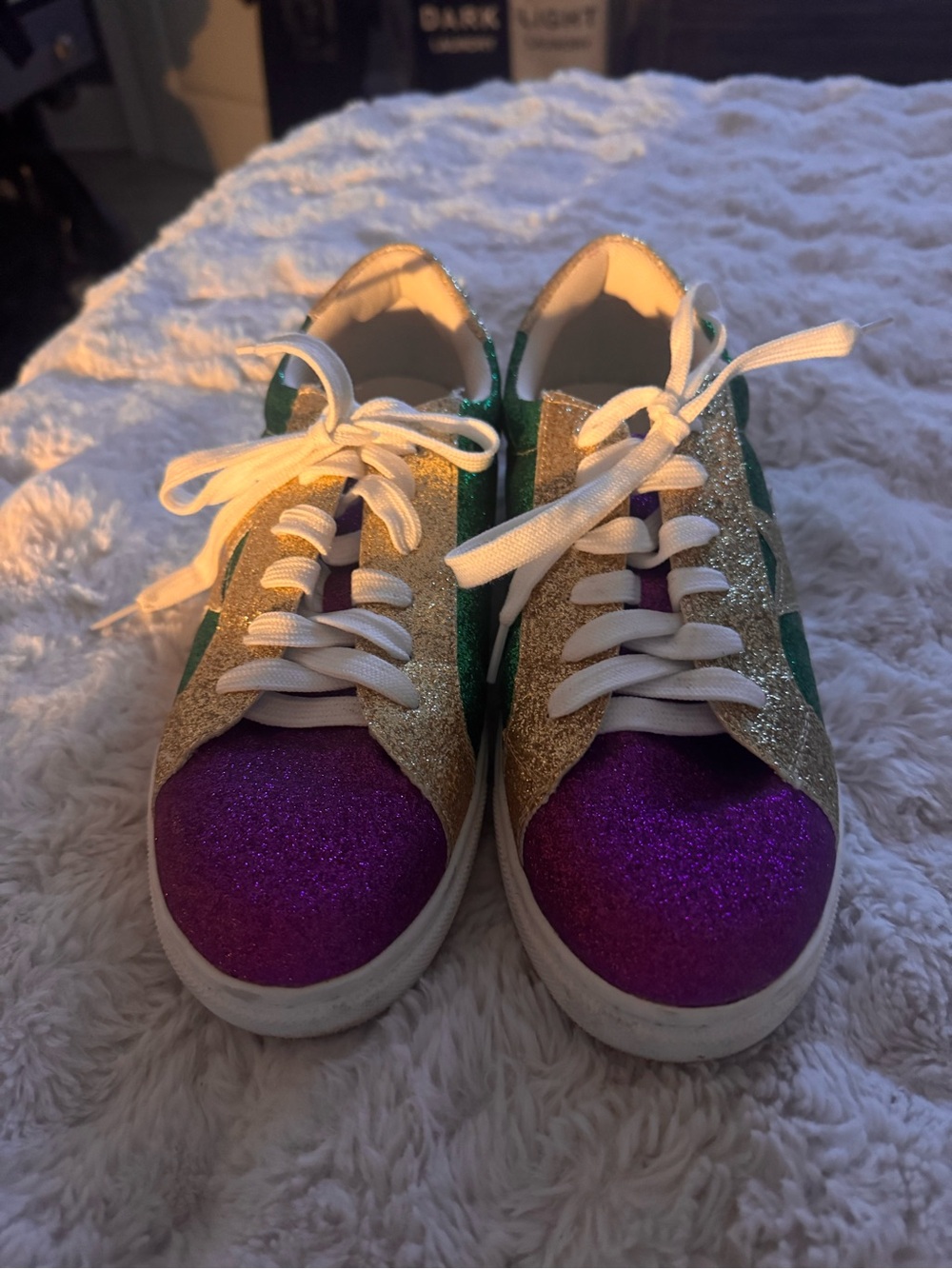 Women’s Mardi Gras Glitter Lace-Up Sneakers in Purple, Green and Gold